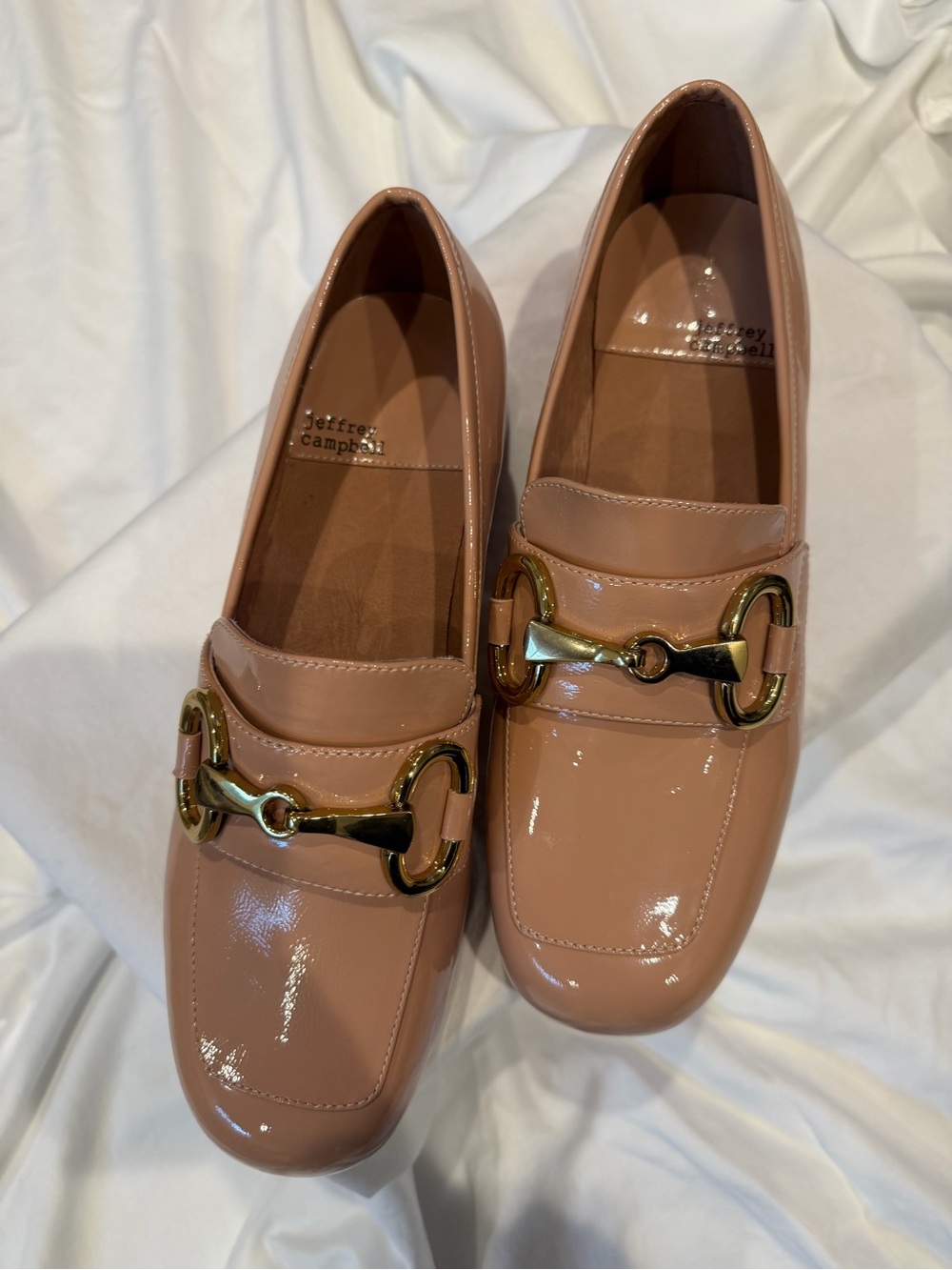 Jeffrey Campbell Patent Pink Loafers with Gold Horsebit
